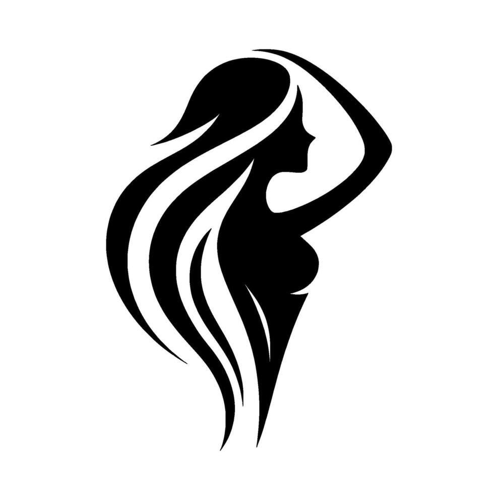 Silhouette of a graceful woman with flowing hair, reaching up with one arm, in a modern, minimalist, black and white . vector