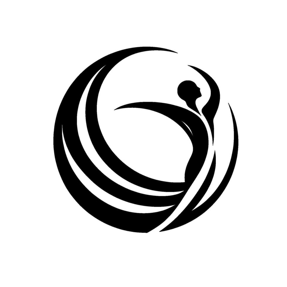 Artistic black and white minimalist circular of a human figure, representing movement and grace within an abstract spiral. vector