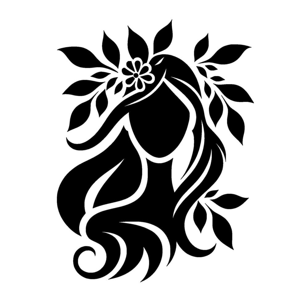 Elegant Silhouette of a Woman with Flowing Hair, Floral Crown and Leaf Adornments in a Monochromatic Black and White . vector