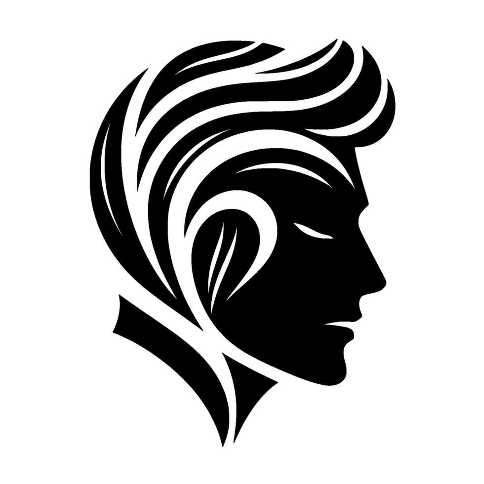 Stylized Black Silhouette of a Male Profile with Flowing Hair and Ornamented Features Against a White Background. vector