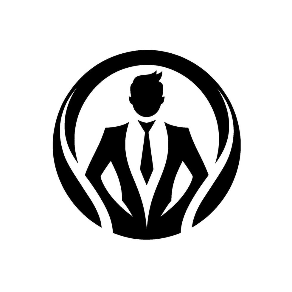 A minimalist, blackandwhite of a suited businessman within a circular frame, radiating confidence and professional appeal. vector