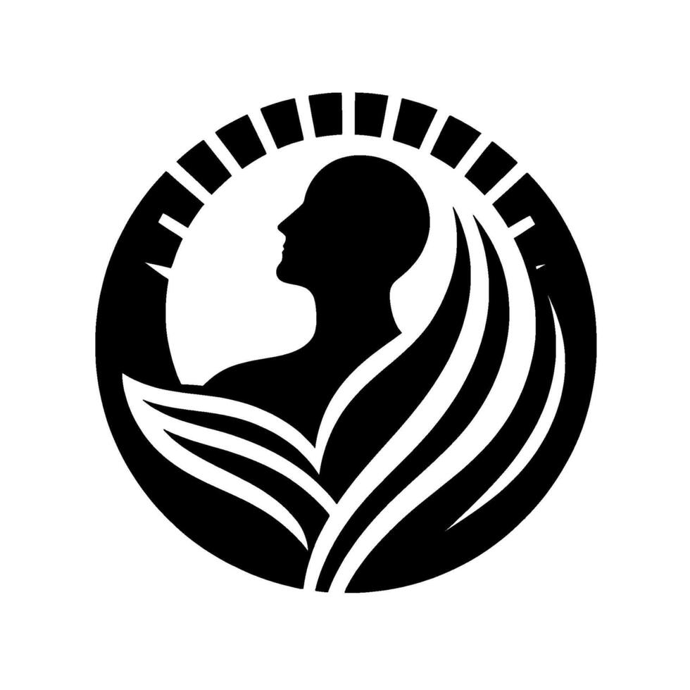 A minimalist circular featuring a human silhouette and organic shapes suggestive of growth and enlightenment. The is framed by a segmented arch. vector