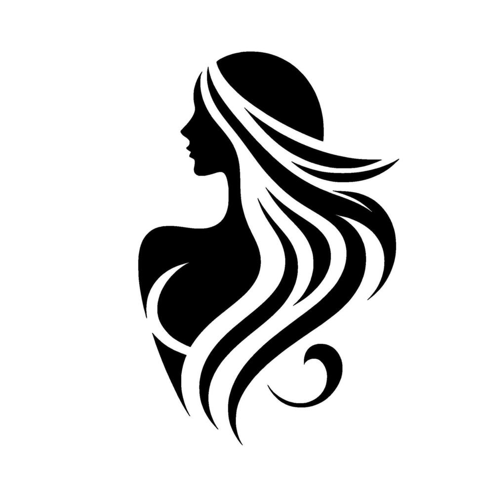 Elegant Silhouette A Stylized Black and White Portrait of a Woman with Flowing Hair, Exhibiting Grace and Beauty. vector