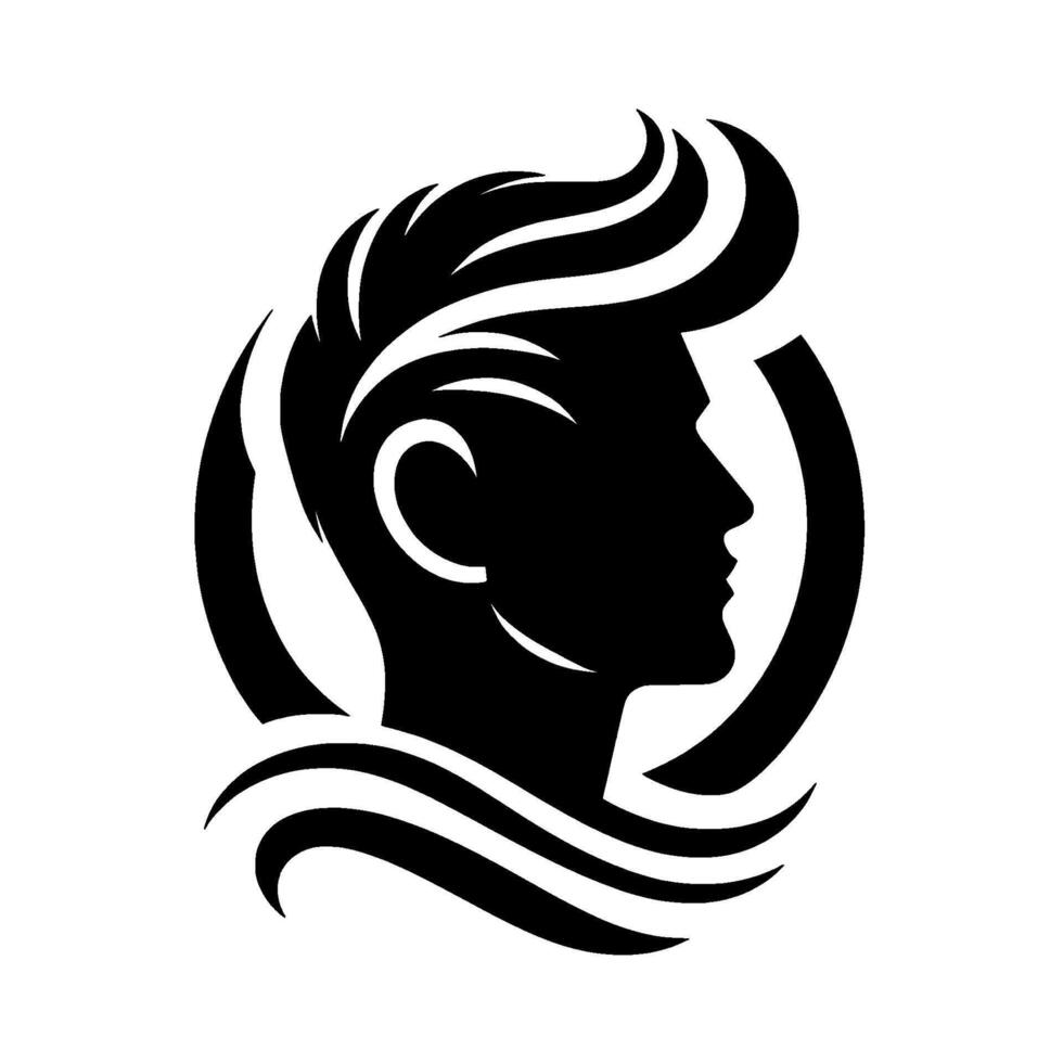 A minimalist black and white silhouette of a mans profile, showcasing stylized hair and circular framing, suggestive of barbershop or grooming aesthetic. vector