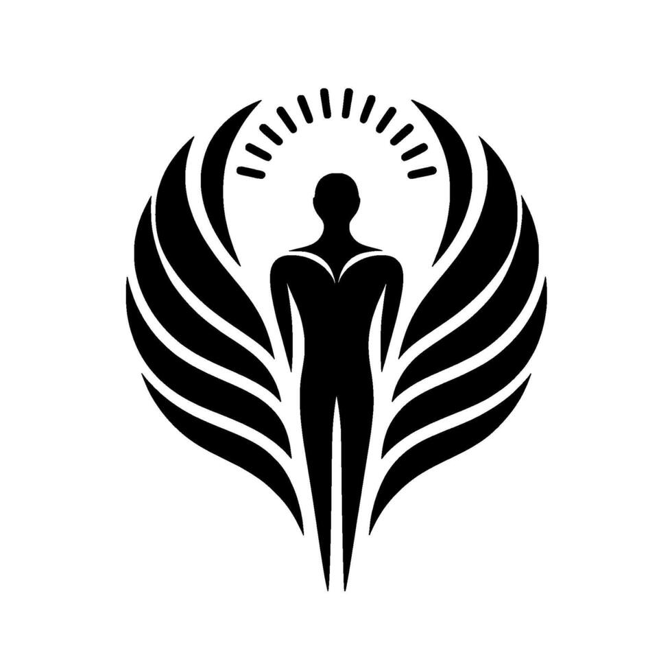 Minimalist black and white of a figure with stylized wings and a radiant halo, representing enlightenment and protection. vector