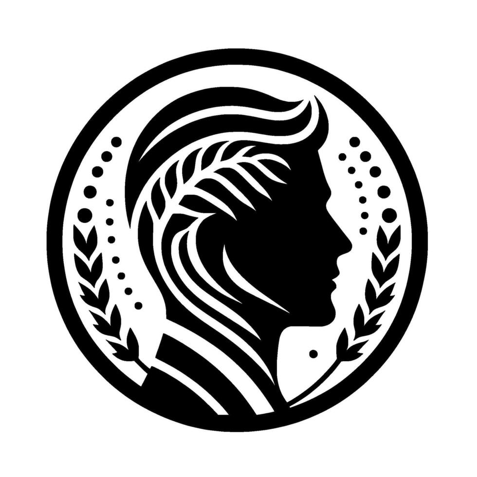 A sleek black and white emblem featuring a mans profile within a circle, adorned with laurel, dotted details, and stylized foliage. vector