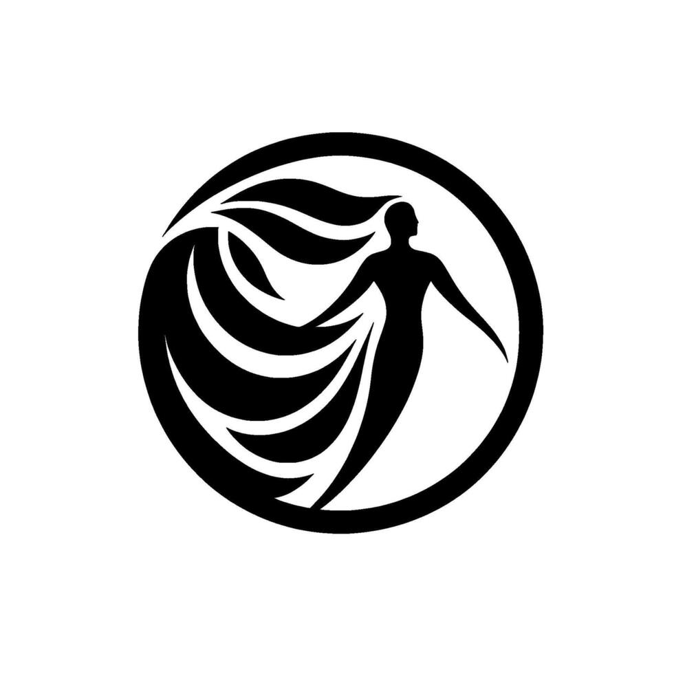 Silhouette of a human figure with flowing hair, outstretched arms within a black circular frame on a white background, representing freedom. vector