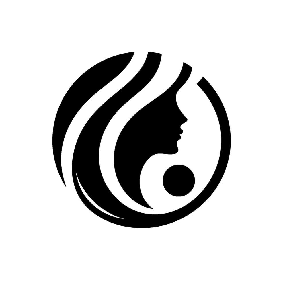 Elegant Black Silhouette of a Womans Profile and Flowing Hair Enclosed in a YinYang Circle, Minimalist on White vector