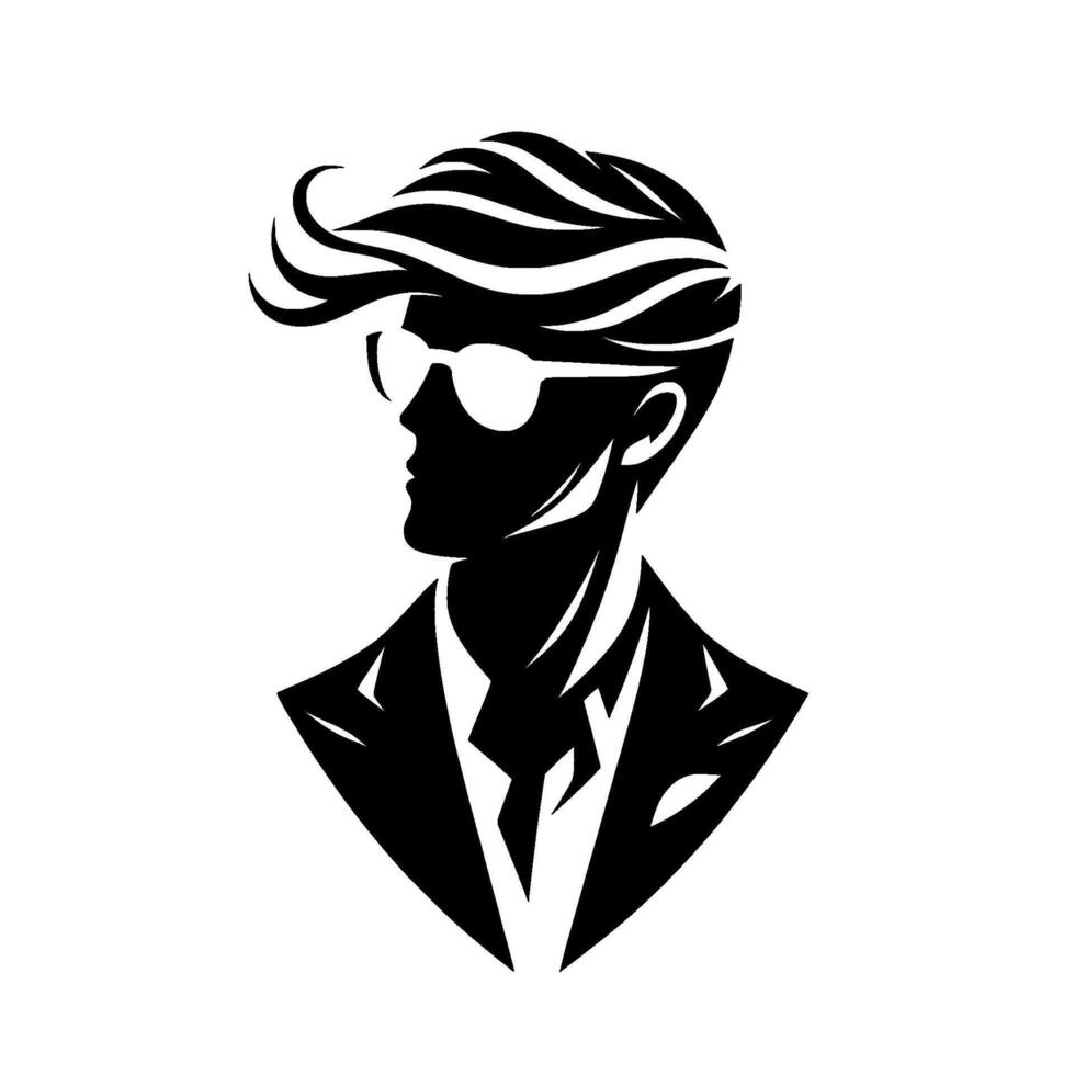Silhouette of a stylish man in a suit and glasses with unique wavy hairstyle, . vector