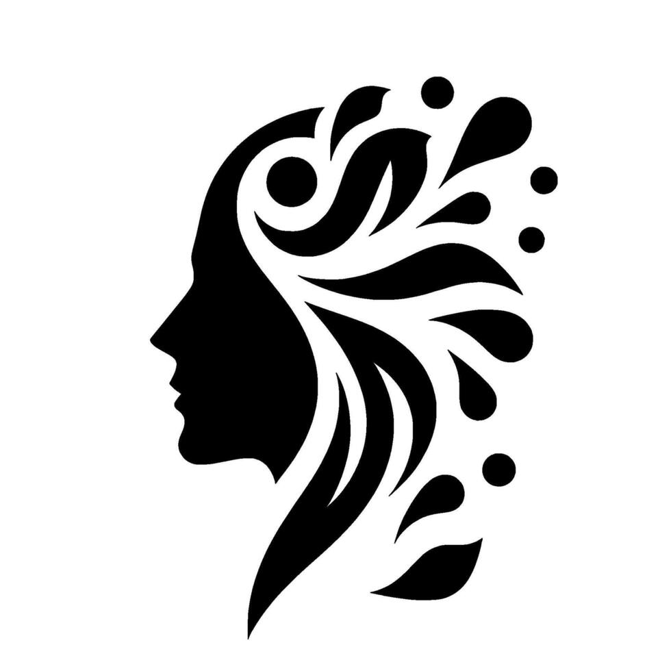 A stylized silhouette of a womans profile, adorned with organic, flowing black shapes suggestive of hair and adornment, against a clean white background. vector