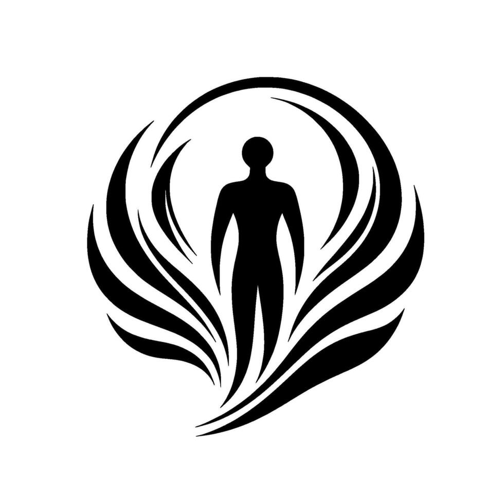 A minimalist, highcontrast illustration of a human figure encircled by stylized, flowing, and abstract organic elements in shades of black. vector
