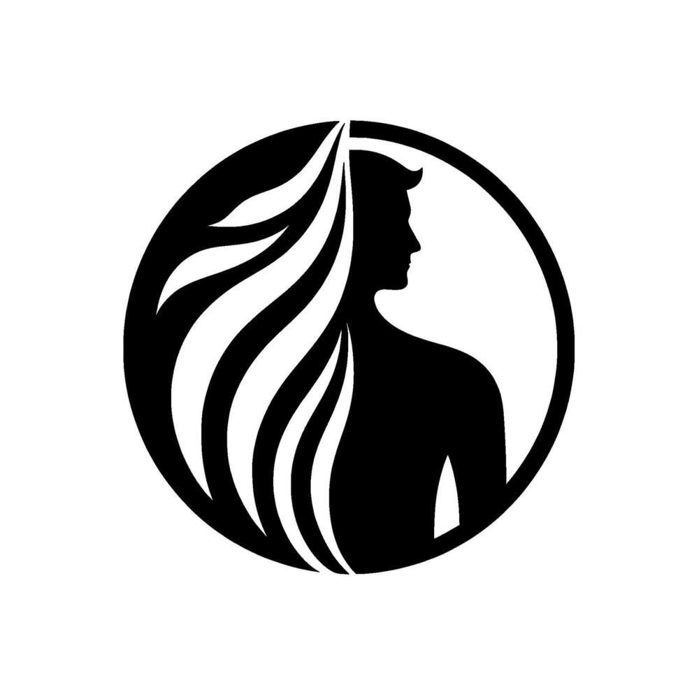 A minimalist, stylized of a mans silhouette within a black circle. Flowing stylized hair cascades, symbolizing transformation and strength. vector