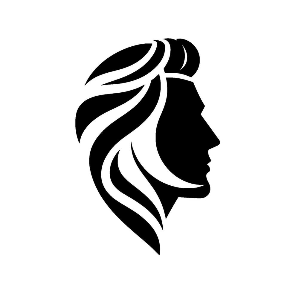 Sleek, black and white silhouette of a man with flowing hair, elegant and stylized, against a clean white background. vector