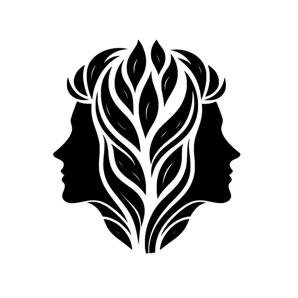 Symmetrical Black and White Silhouette Composition of Two Human Profiles Adorned with Leafy Branch Hair, Representing Nature and Unity. vector