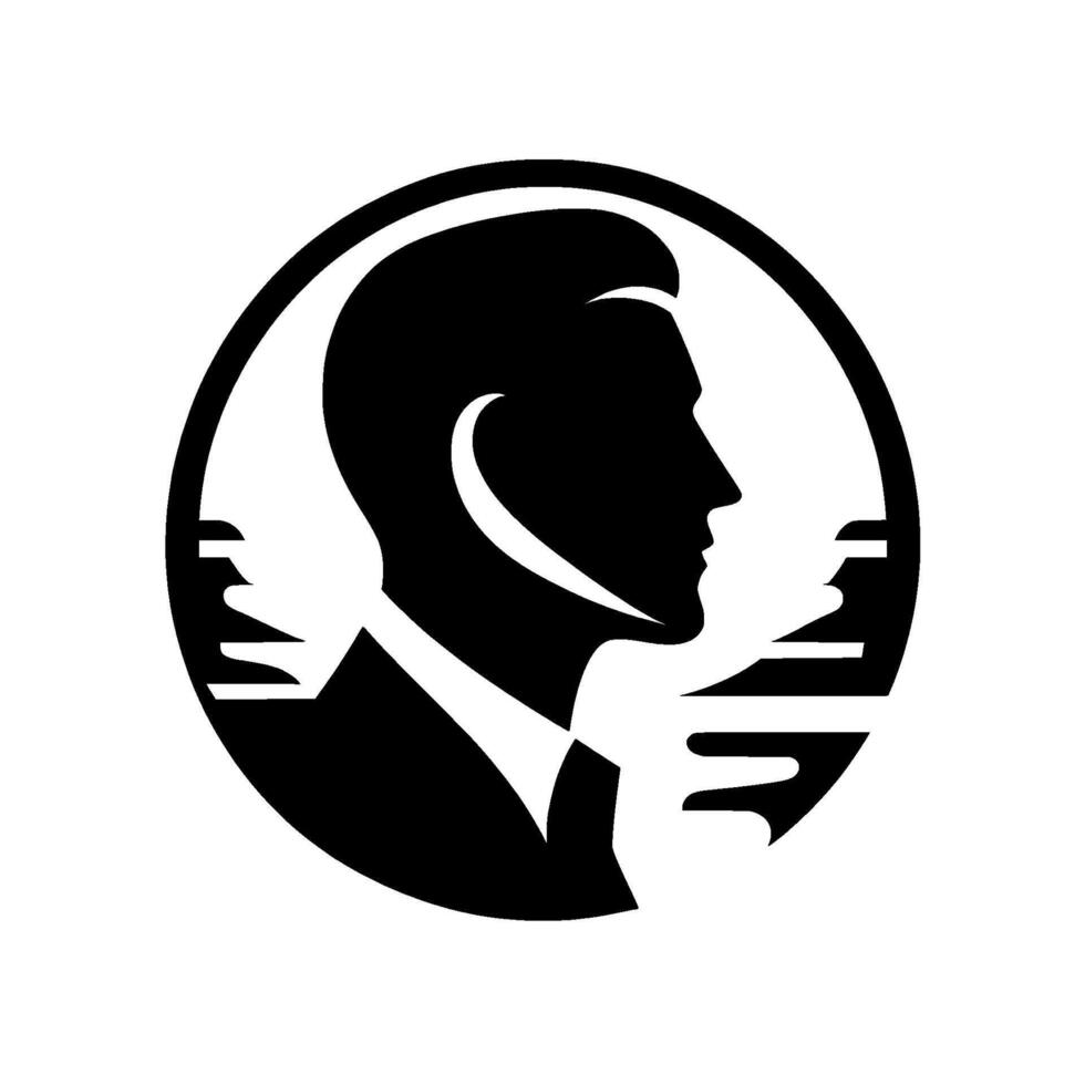 Modern minimalist illustration of a businessmans silhouette in profile, framed by a circle and subtle linear elements, conveying professionalism. vector