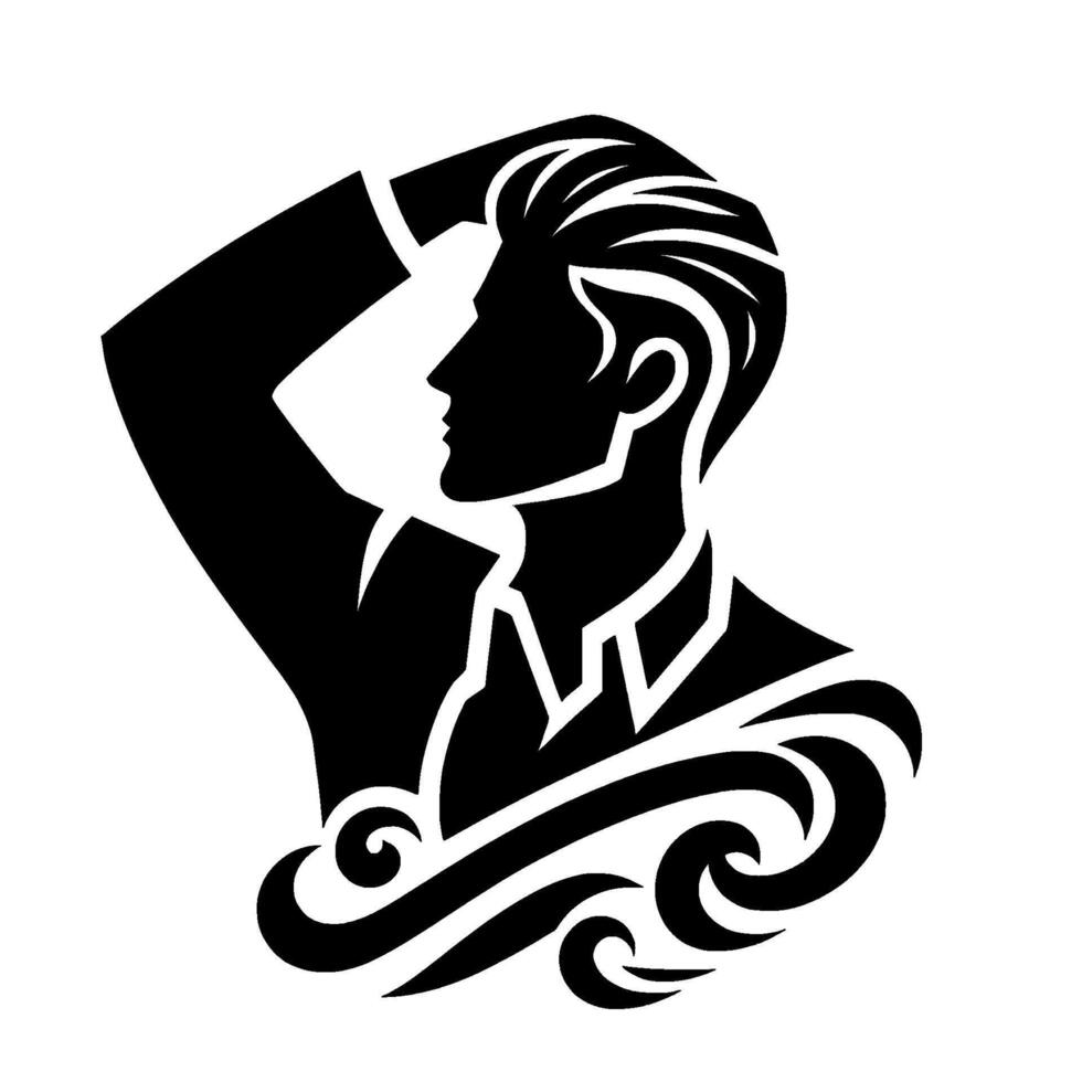 Bold Black Silhouette of a Man with Modern Hair, Hand on Head, Featuring Oceanic Swirls, Against White. vector