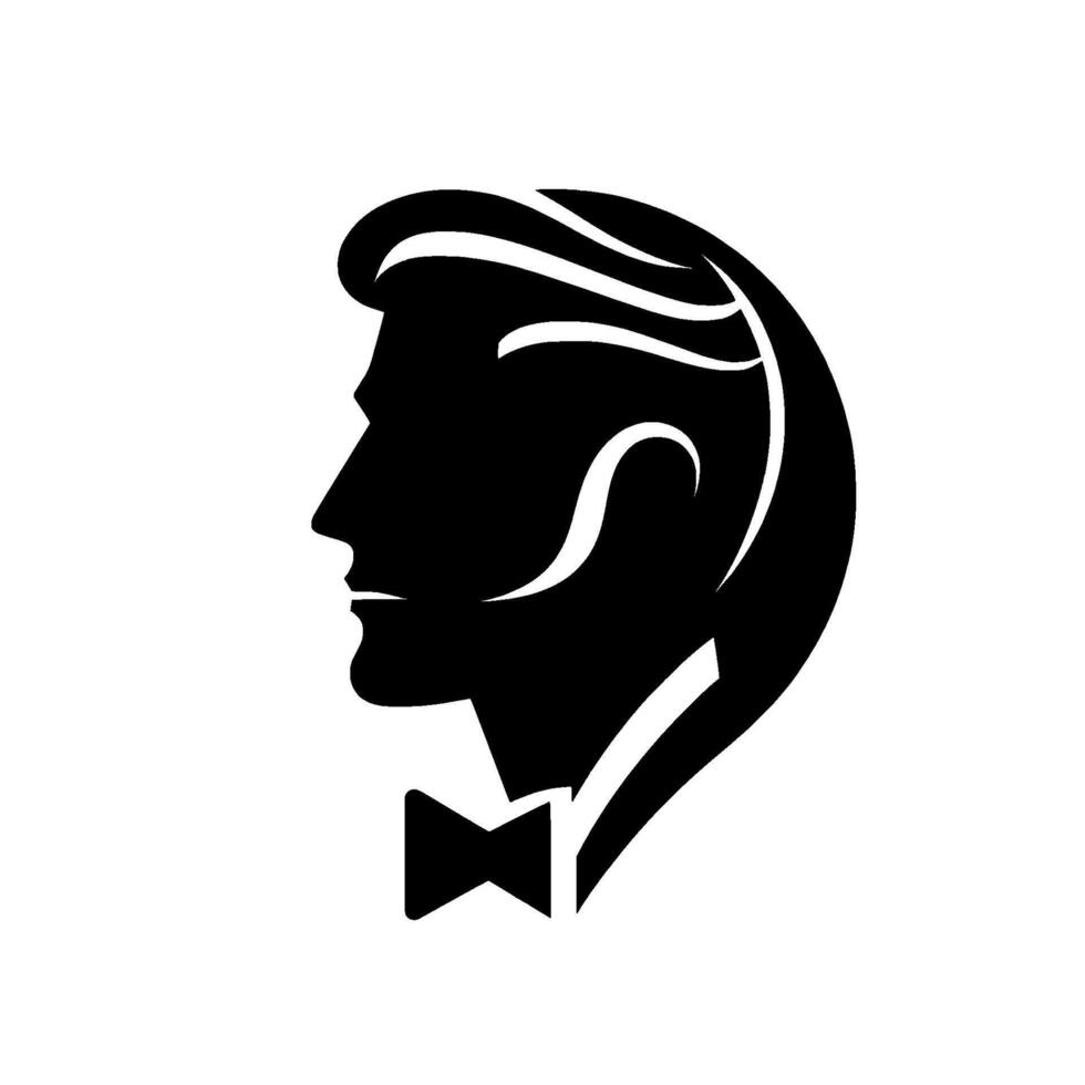 Elegant Black and White Silhouette of a Man with Classic Hair, Bowtie, and a Formal Aesthetic on White Background. vector
