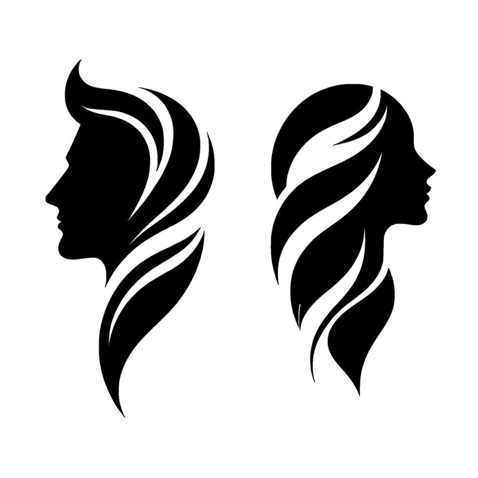 Silhouette portraits of a man and a woman, rendered in bold black lines with stylish, flowing hair designs, on a white background. vector