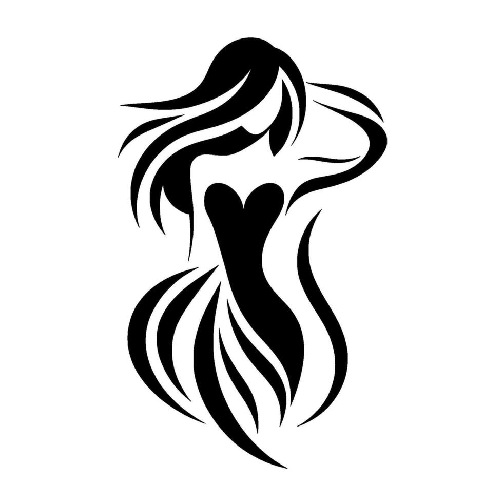 Elegant Illustration of a Woman in a Flowing Gown, Silhouetted in Black on a White Backdrop. vector