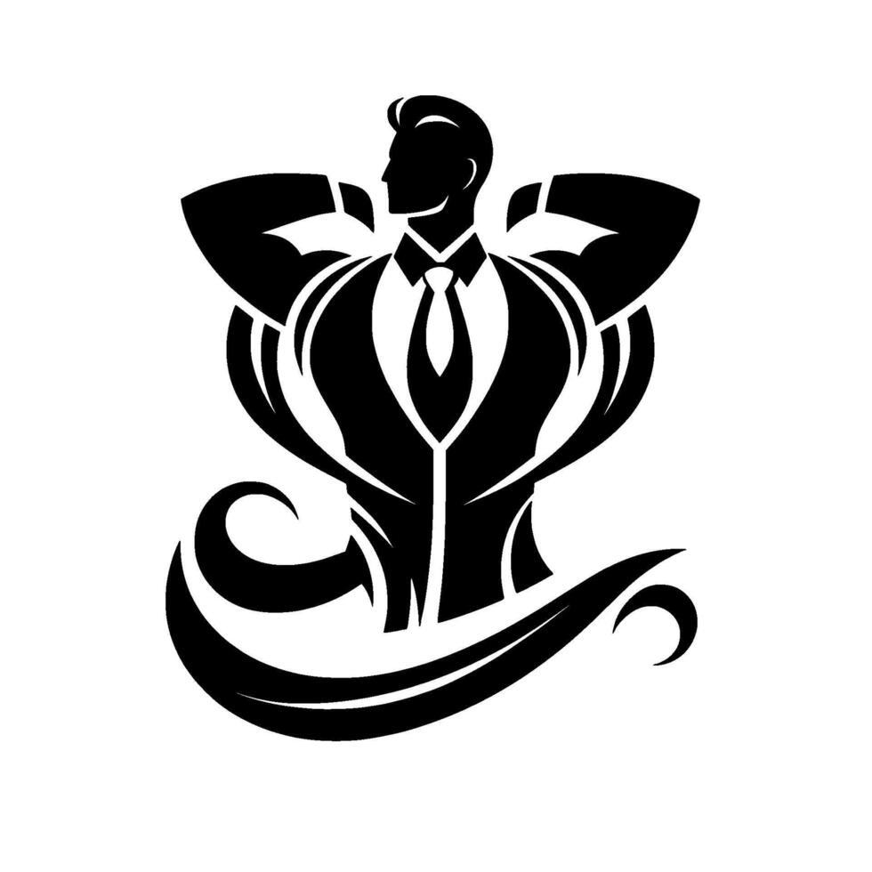 Silhouette of a powerful businessman in a suit, arms flexed, surrounded by stylized, dynamic lines, symbolizing strength and success, set against a stark white background. vector
