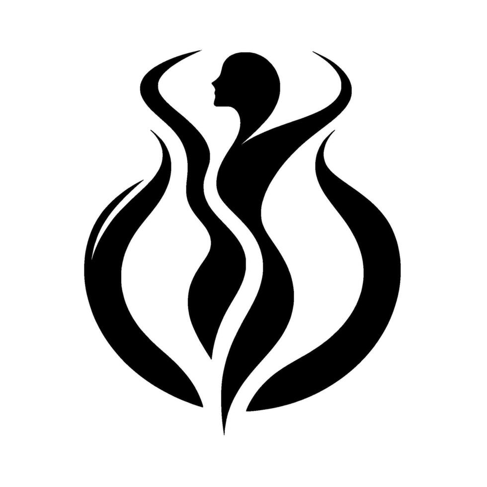 Stylized Black and White Silhouette of a Female Figure Enclosed in a Flowing, Abstract FlameLike . vector