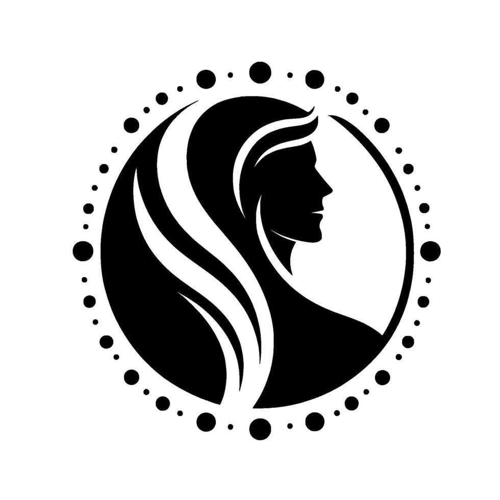 Silhouette of a woman with flowing hair within a circle, framed by dotted border, minimalist . vector