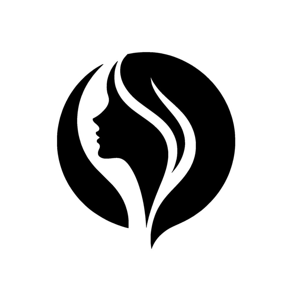 Elegant Silhouette of a Womans Profile Enclosed in a Black Circular Frame, Evoking Beauty and Hair. vector