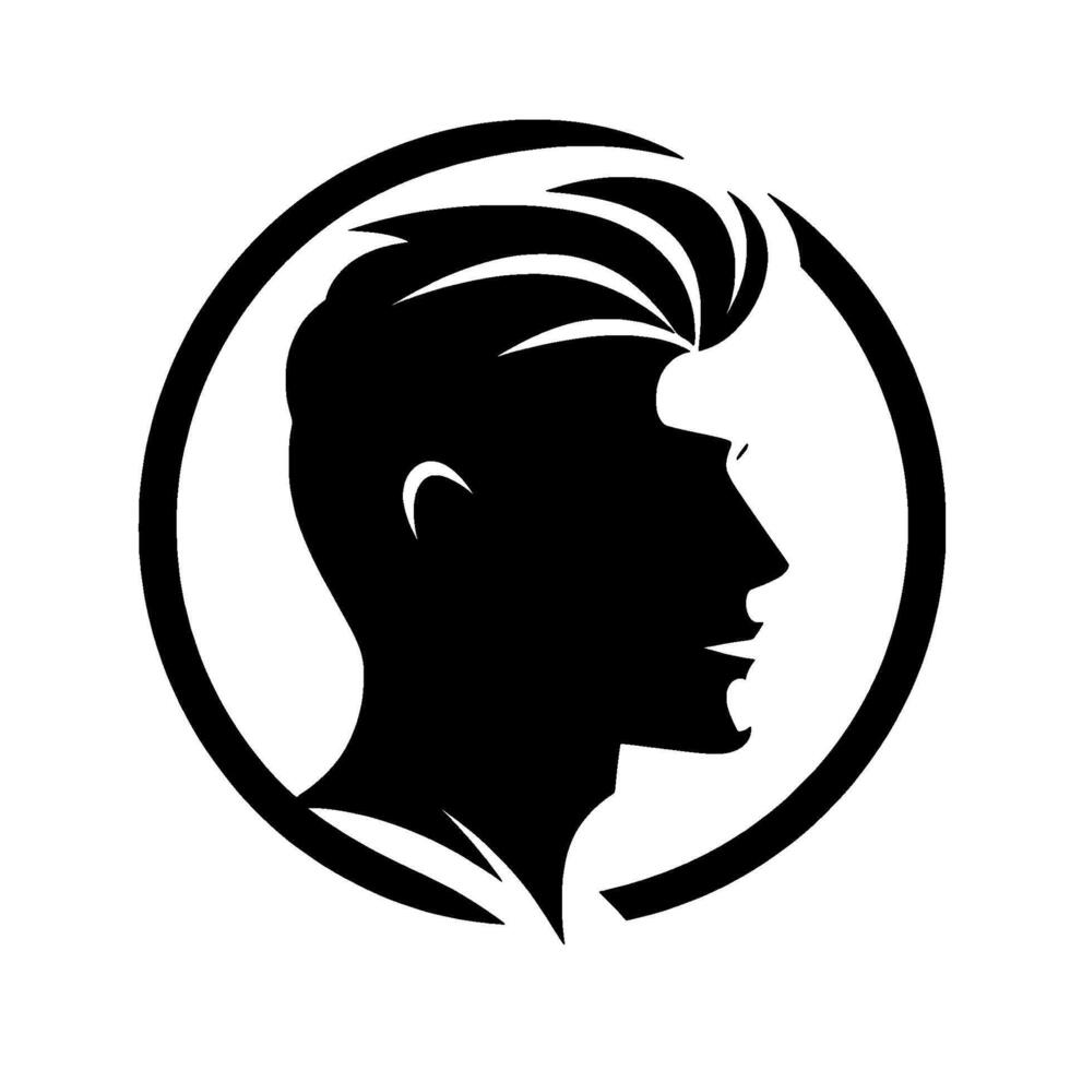 Silhouette of a Mans Head with Stylish Pompadour Hairstyle Inside a Black Circle, Representing Modern Elegance and Barber Shop Iconography. vector