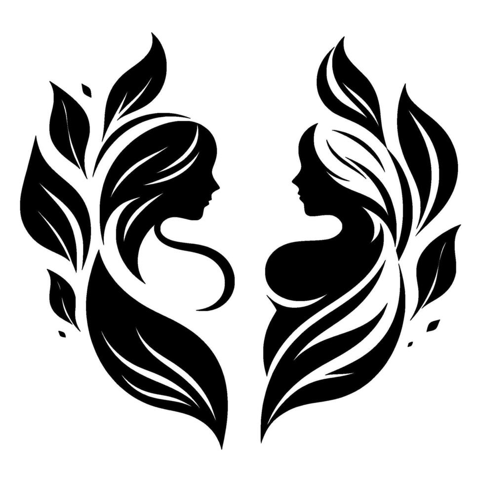 Elegant Black and White Silhouette of Two Women with Floral Elements, Emphasizing Femininity and Natures Embrace. vector