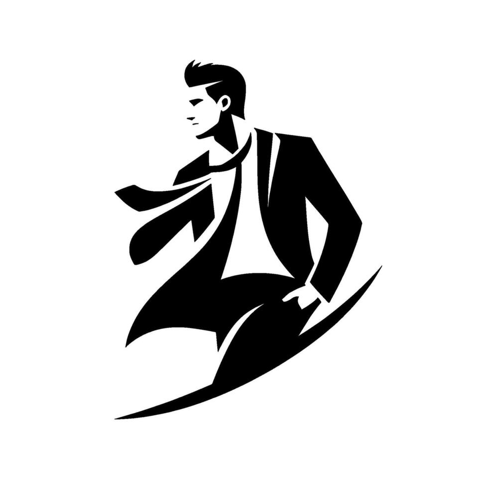 Stylized Black and White Silhouette of a Dapper Businessman in Motion, Holding a Bladelike Object, with a Dynamic Composition. vector