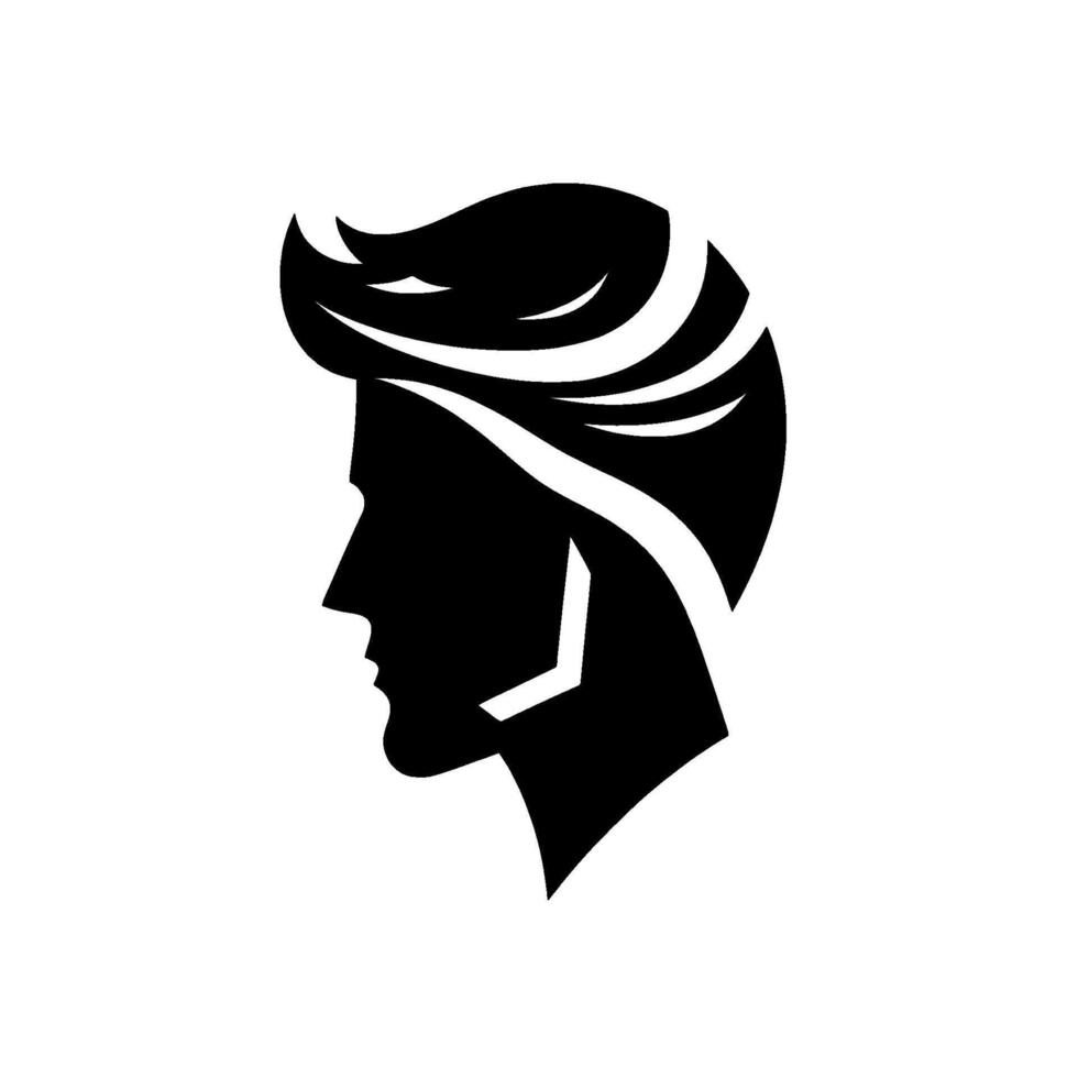 Stylish Silhouette A minimalist black and white of a mans profile, featuring a modern hairstyle and a geometric angular neckline, set against a pristine white background. vector