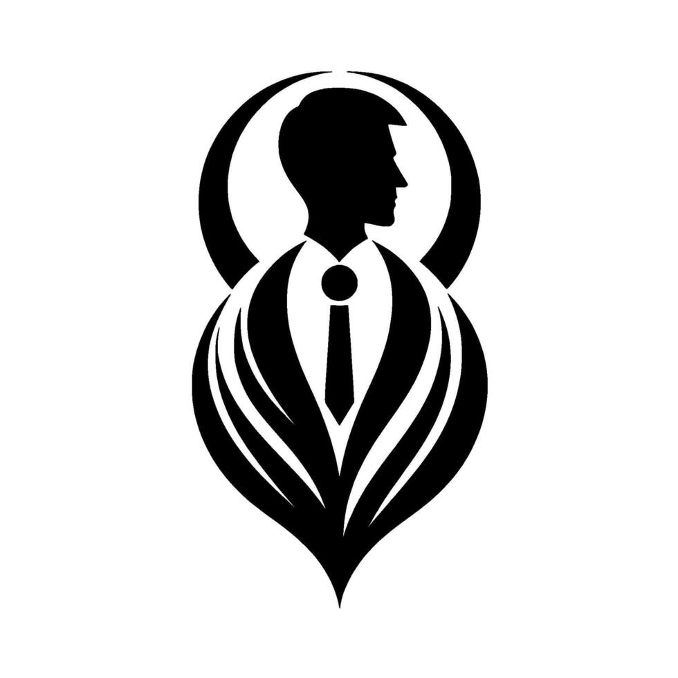 A minimalist, black and white illustration of a businessmans profile framed by an abstract, elegant . vector