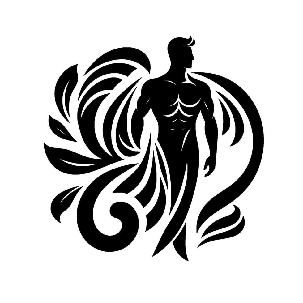 Silhouette of a muscular man adorned with stylized floral elements and swirling designs, evoking a sense of strength and natural beauty. vector