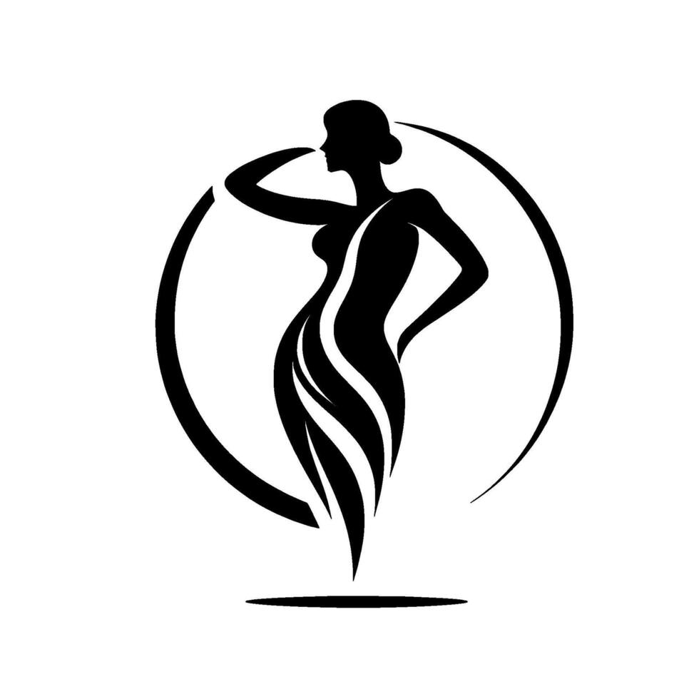 Minimalist Black Silhouette of Elegant Woman Posing Inside a Circle, Representing Grace and Fashion vector