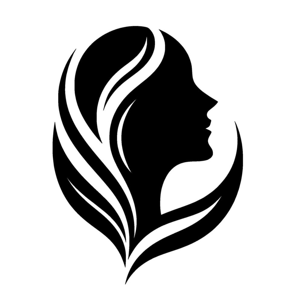 Black and White Silhouette of a Womans Profile with Flowing Hair and LeafShaped Frame, Aesthetic . vector