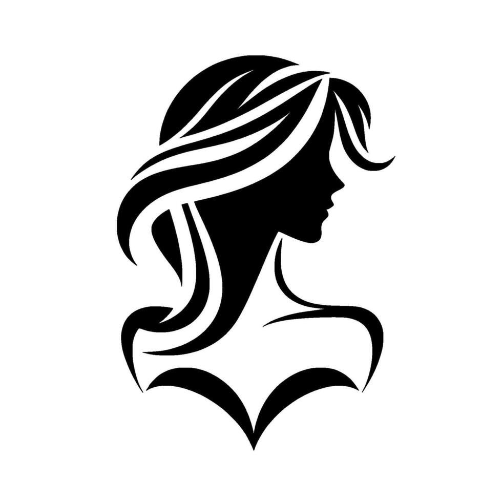 Black Silhouette of a Woman with Flowing Hair, Facing Right, Elegant and Simple, Minimalist . vector