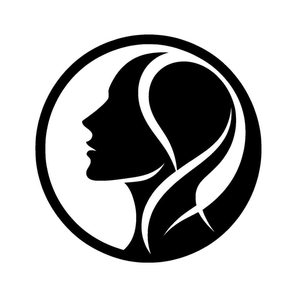 Silhouette of a womans profile within a circular frame, with elegant flowing hair, rendered in bold black and white contrast for a sophisticated aesthetic. vector