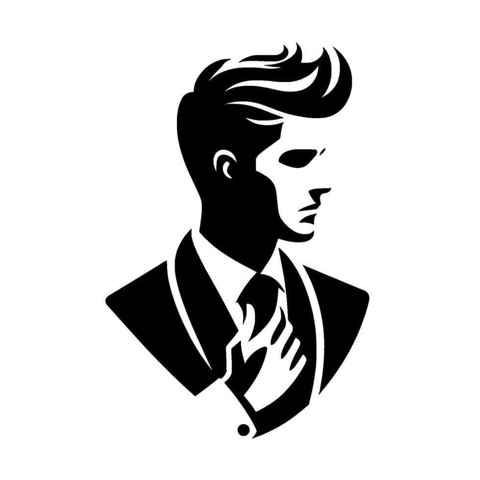 Silhouette of a Man in a Suit Adjusting His Tie, Highlighting Elegant Hair, Black and White Minimalist Art, Focused Profile. vector