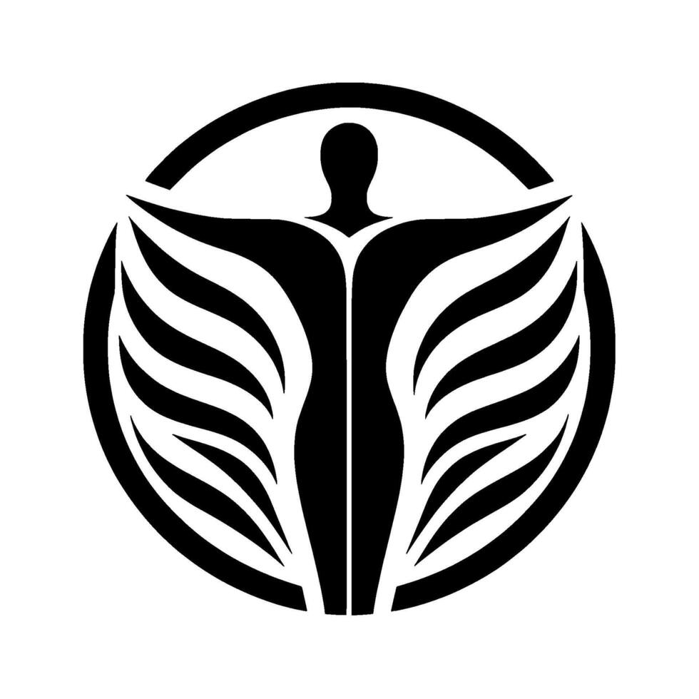 Abstract Black White Human Figure with WingLike Extensions Enclosed in a Circle, Representing Freedom and Growth. vector