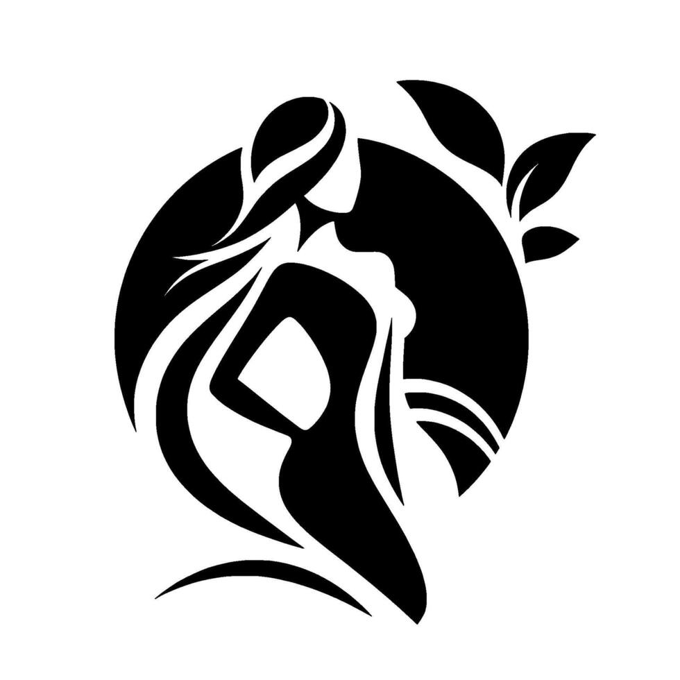 Silhouette of Elegant Woman with Flowing Hair, Encircled by a Black Sphere and Foliage, Modern, Minimalist vector