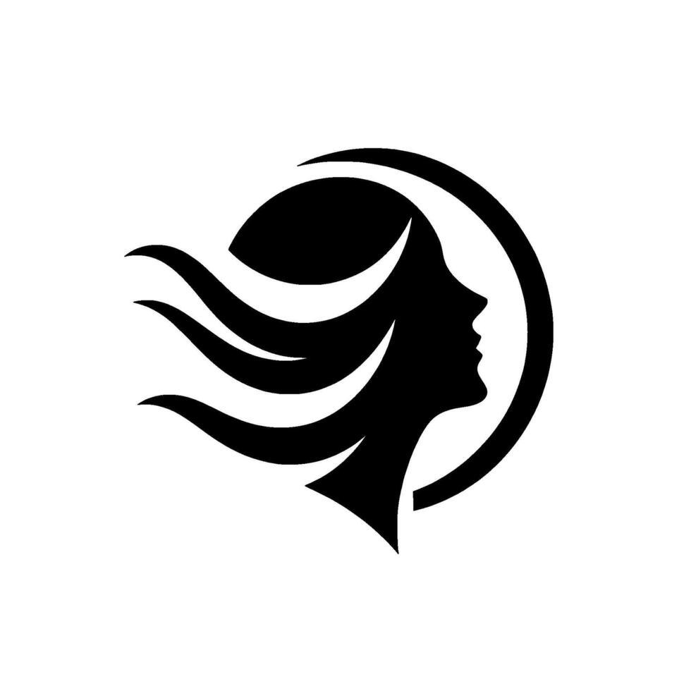 Elegant Silhouette of a Womans Profile with Flowing Hair Encased in a Circular Frame, a minimalist Black and White . vector