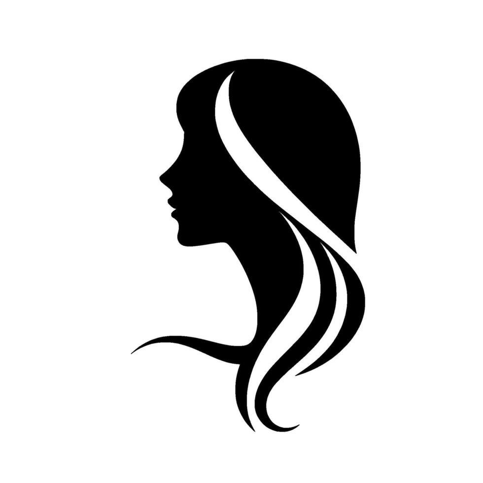 Elegant Black and White Silhouette of a Womans Profile with Flowing Hair Against a Blank Canvas. vector