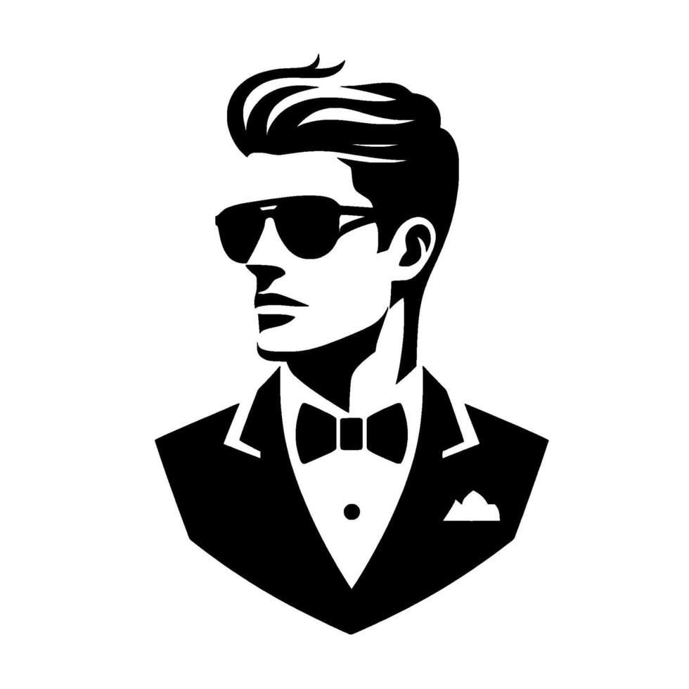 A stylish black and white illustration of a dapper gentleman with slickedback hair, sunglasses, and a bow tie, exuding classic elegance. vector