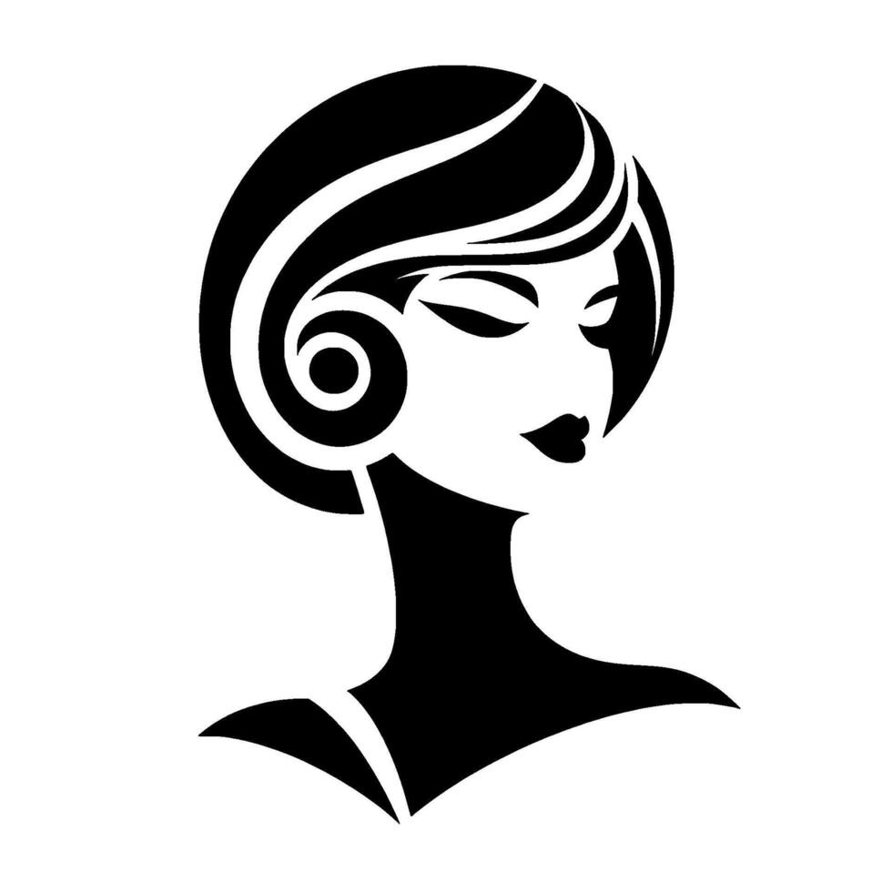 Minimalist Black and White Portrait of a Woman with Elegant Bob Hairstyle, Closed Eyes, and Delicate Features vector