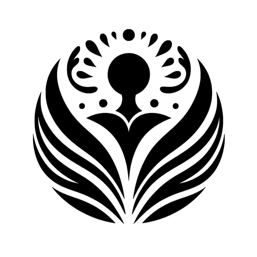 Elegant Black and White Emblem A Stylized Human Figure Embraced by Winglike Foliage within a Circular Composition vector