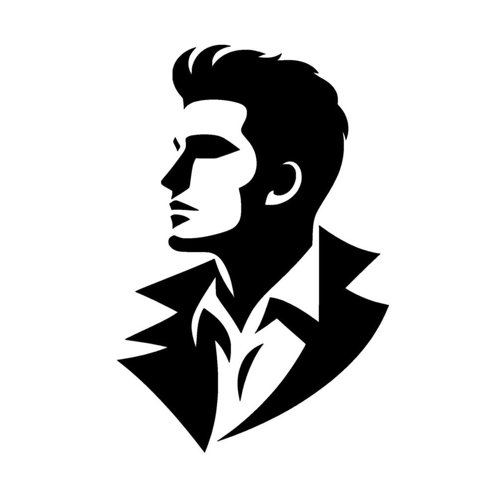 Stylish Black and White Silhouette of a Man in Profile, Wearing a Jacket and Shirt, with a Classic Pompadour Hairstyle on a Clean White Background. vector