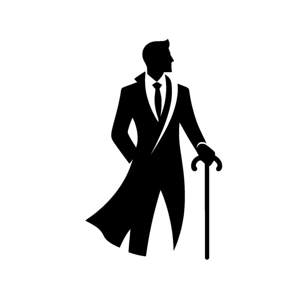 Silhouette of a dapper gentleman in a formal suit and long coat, leaning on a cane, gazing into the distance with an air of sophistication and elegance against a white background. vector