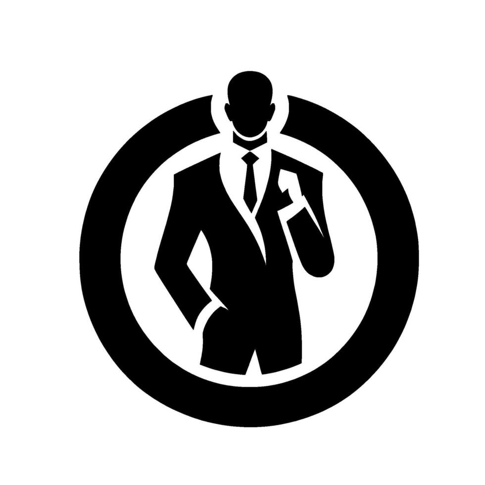 A bold, minimalist black and white of a man in a suit, inside a circle, adjusting his tie, perfect for a business or professional brand. vector