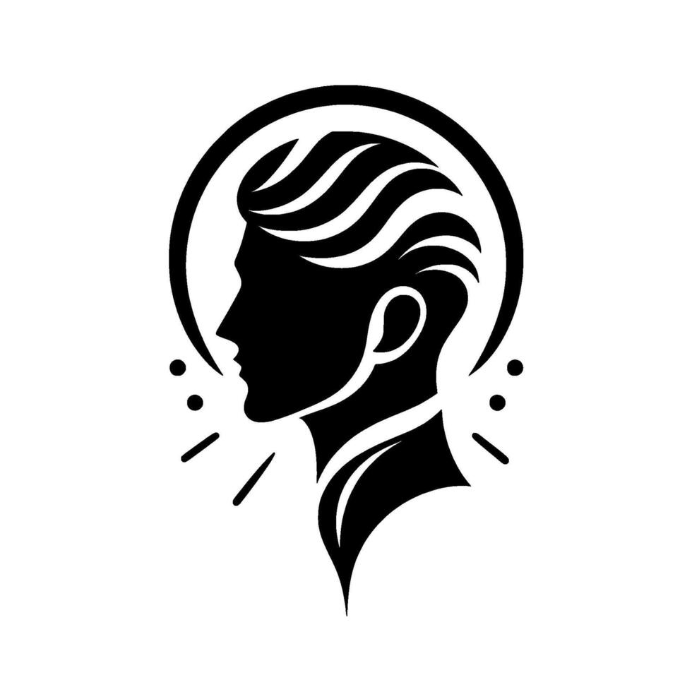 Elegant Silhouette of a Mans Profile Framed by a Circular Halo with Stylized Hair and Modern Elements. vector