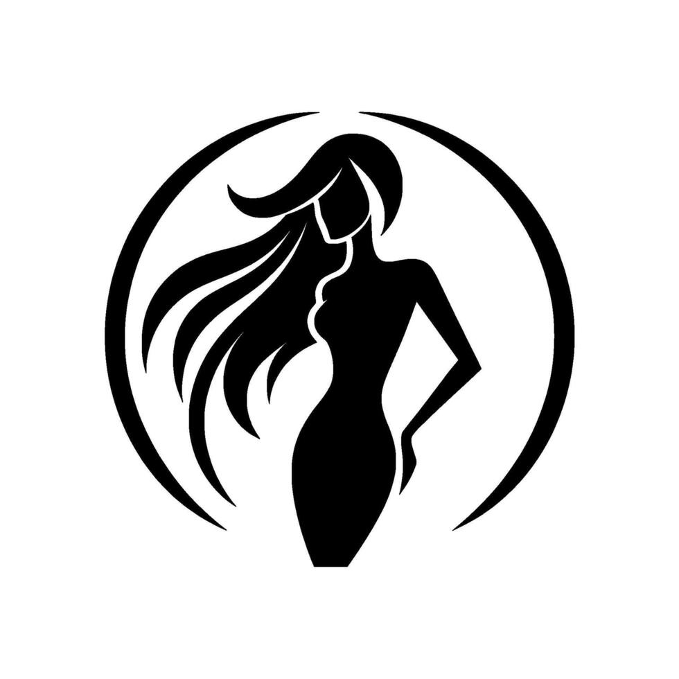 Elegant Silhouette of a Woman with Flowing Hair Enclosed in a Circle, Minimalist Black White Composition. vector